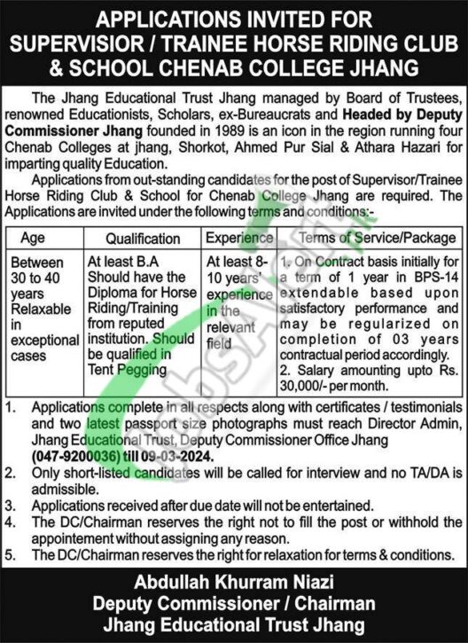 Download The Application Form For Chenab College Jhang Job Opportunities