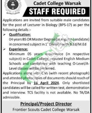 Employment Opportunity For Lecturers At Frontier Scouts Cadet College Warsak