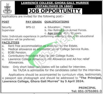 Latest Advertisement For 2024 Jobs At Lawrence College Murree Ghora