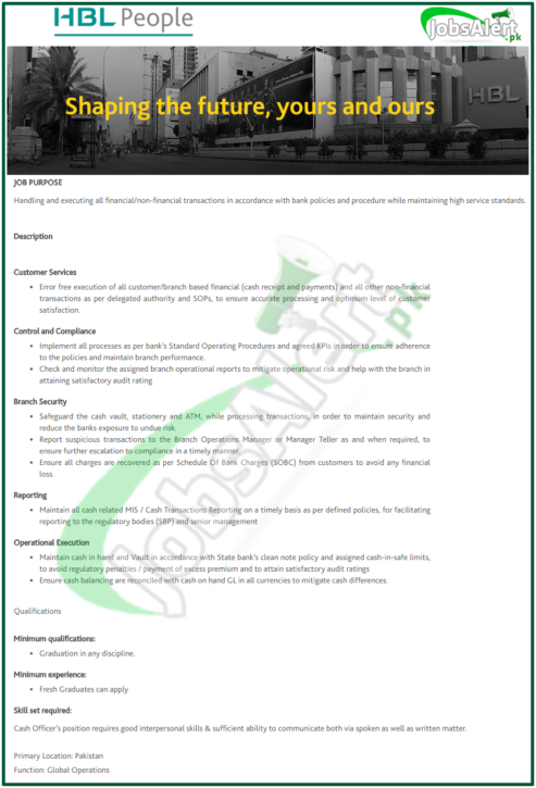 Latest Advertisement For Hbl 200 Cash Officer Jobs 2024