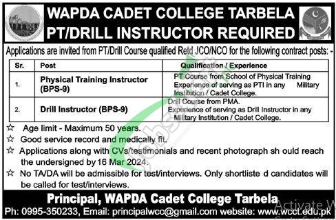 Latest Advertisement For Jobs At Wapda Cadet College Tarbela 2024