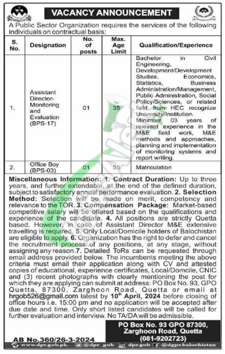 Latest Job Advertisement For Current Vacancies In Balochistan At Po