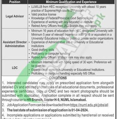 Latest Job Opportunities At Numl Islamabad In March 2024 For