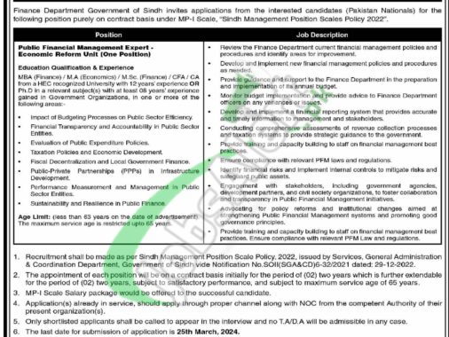 New Job Openings In The Finance Department Of Sindh For