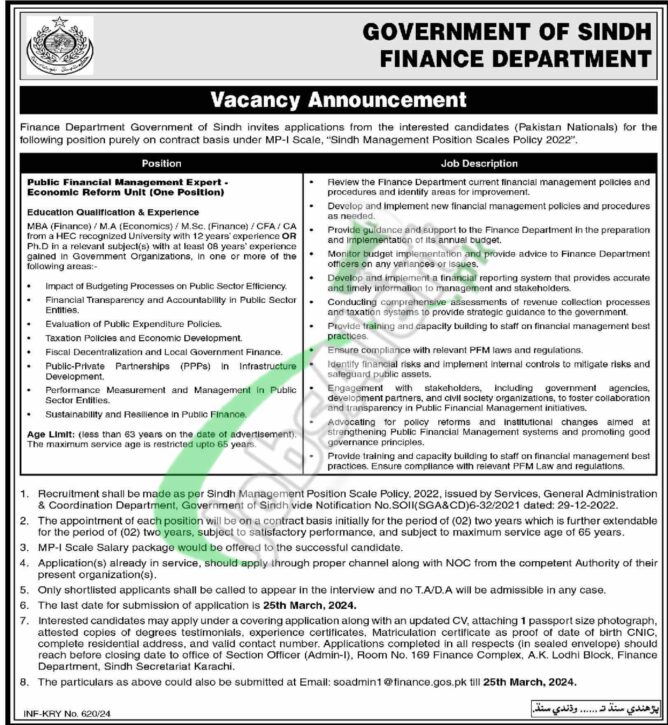 New Job Openings In The Finance Department Of Sindh For