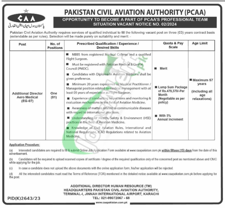 Online Civil Aviation Jobs Application Form For 2024 On Caapakistan.com.pk