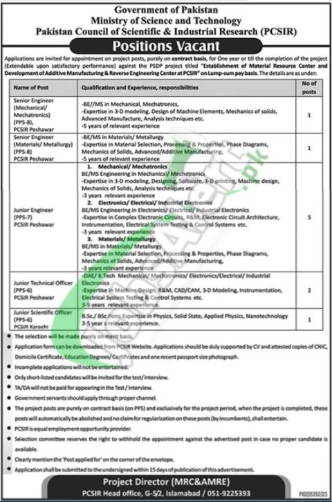 Pcsir Jobs 2024: Pakistan Council Of Scientific And Industrial Research