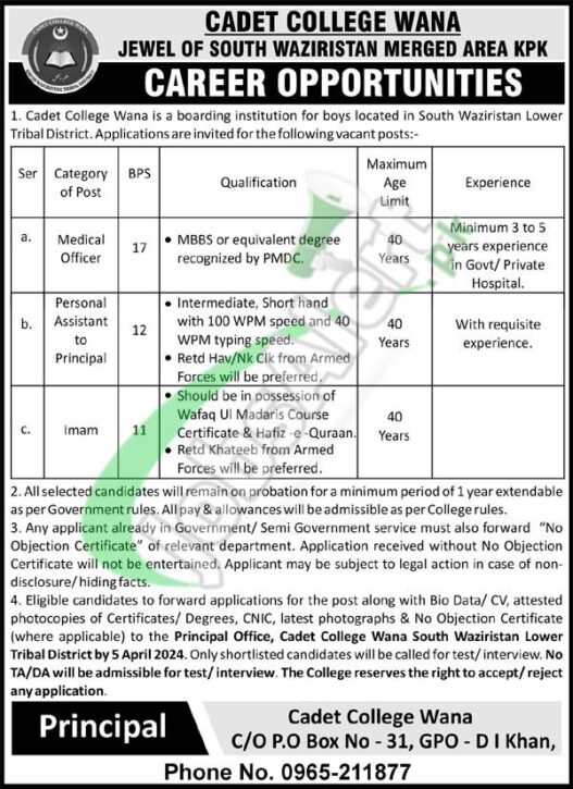 Recruitment Opportunities For Teaching Staff At Cadet College Wana 2024: