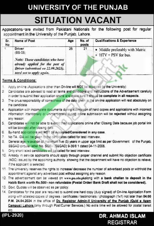 Punjab University Job Opportunities 2024 Application Form Deadline Apply