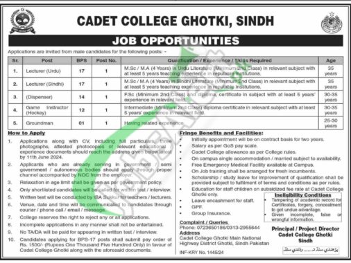 Rewrite This Title With Different Wordingcadet College Ghotki Jobs 2024