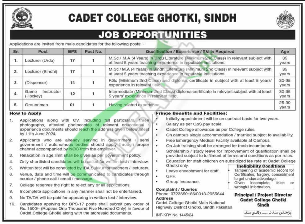 Rewrite This Title With Different Wordingcadet College Ghotki Jobs 2024