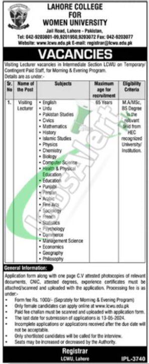 Rewrite This Title With Different Wordinglcwu Jobs 2024 Lahore College